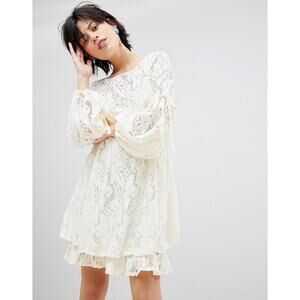 Free People Ruby Lace Dress Cream With Tie Sleeves $128